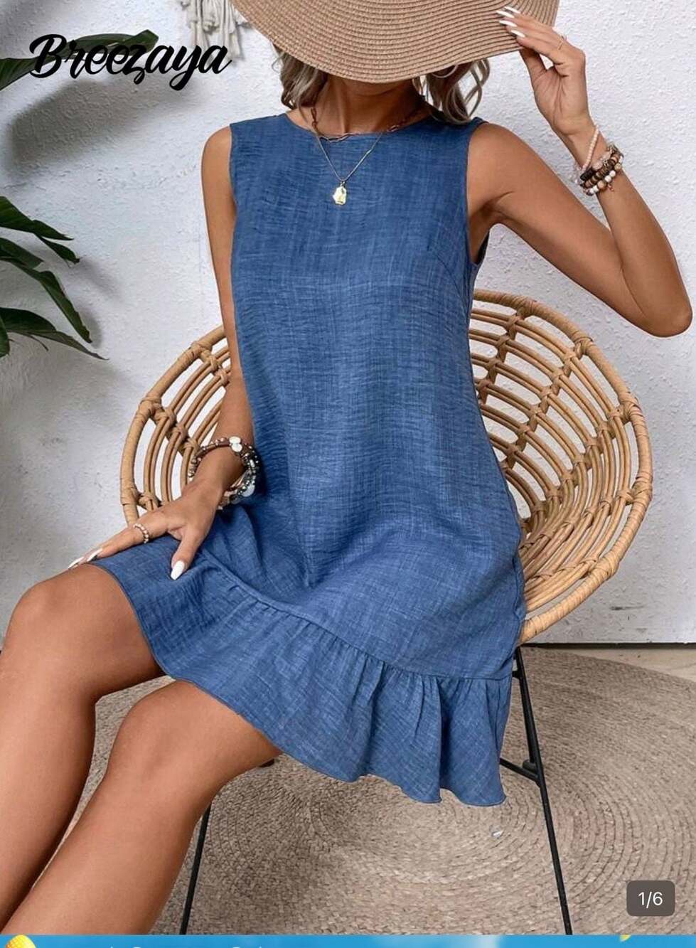 Breezaya Women's Summer Sleeveless Tie-Back Ruffle Hem 2 Dresses Blue and Beige - Picture 3 of 4